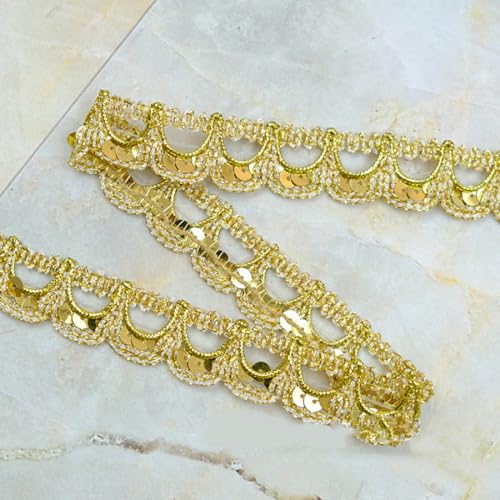 Whakano 13m Glitzer Pailletten Polyester Spitzenband 2,2cm Breite,Paillettenbandbesatz,Spitze-Borten Deko Geschenkband,DIY Nähen Handwerk,für Hochzeit,Kleidung Deko,Stirnband,Gürtel,Hell Gold von Whakano