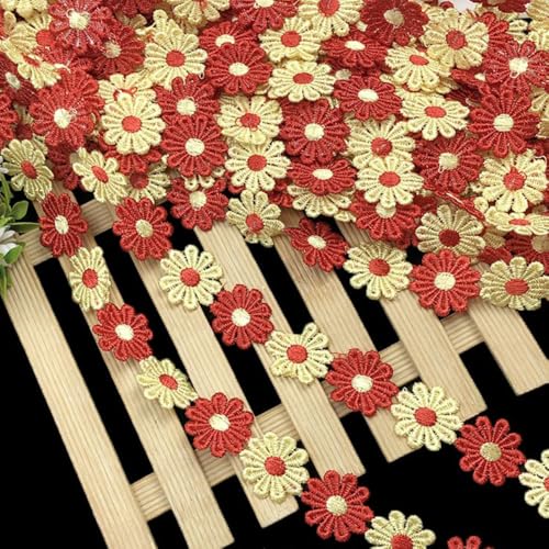 Whakano 2 Yards Bunte Spitzenband Blumen Spitzenborte 2,5cm,Blumen Dekoband Zierband Borten Bänder,Spitzenbordüre für Nähen,Tischdeko,Hochzeit,Handwerk,Scrapbooking,Kleidung,Gelb Rot von Whakano