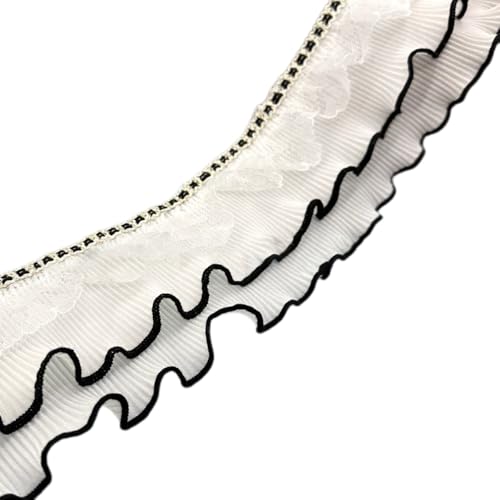 Whakano 3 Yards Plissee Spitzenband 8cm Breit Dekoband,Rüschen Chiffon Spitzenbesatz,Spitzenborte Zum NäHen,Band ür DIY Handwerk,Kleidung,Geschenkverpackung,Scrapbooking,Weiß Schwarzer Rand von Whakano