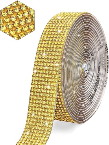 Whakano Strassband Selbstklebend,Kristall Strass Band,1 Yard Glitzersteine Strasssteine Selbstklebend,Bling Aufkleber für Handwerk Telefon Hochzeit Party Dekoration,Gold B8 Reihen (Breite 1,8cm) von Whakano