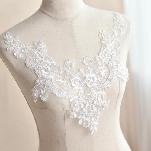 Whakano Weiß Spitze Kragen,Blumenmuster Spitze Stoff,Spitze Applikation Patch,Spitzen Patch Bestickte zum Aufnähen,Kragenbesatz für Hochzeitskleid,Kleid,Kleidung Zubehör von Whakano