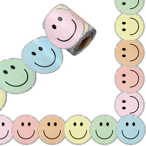 Whaline 10 m Boho-Pinnwand mit fröhlichem Gesicht, pastellfarbenes lächelndes Gesicht, gestanzter Rand mit silberfarbenem Rand für Kreidetafel, Wanddekoration Whaline 10 m Boho-Pinnwand mit fröhlichem Gesicht, pastellfarbenes lächelndes Gesicht, gestanzter Rand mit silberfarbenem Rand für Kreidetafel, Wanddekoration von Whaline