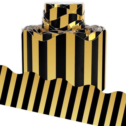 Whaline 10 m gestreifte Pinnwand-Bordüre, schwarz mit Goldfolienstreifen, gestanzt, gerollter Rand, für Klassenzimmer, Zuhause, Kreidetafel-Dekoration von Whaline