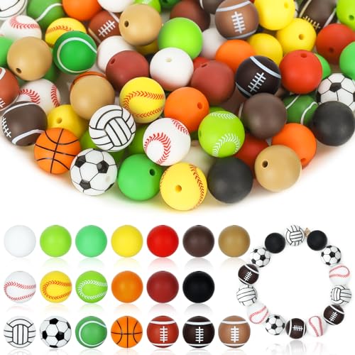 Whaline 100 Stück Sportball-Silikonperlen, gemischte Bälle, Fußball, Basketball, Fußball, Volleyball, Drucke, bunte, runde lose Perlen für die Herstellung von Halsketten, Armbändern, von Whaline