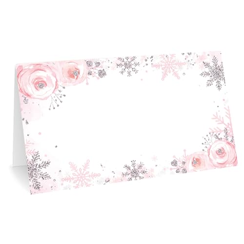Whaline 100 Stück Winter-Tischkarten, 11,9 x 7,9 cm, rosa Blumen-Schneeflocke, Zelt-Namenskarten, leere Sitzzuweisung, Etikettenkarten für Weihnachtsfeier, Tischdekoration, Zubehör von Whaline