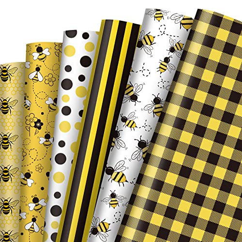 Whaline 12 Blatt Geschenkpapier mit Bienenmotiv, 6 Stil, Hummelmuster, Geschenkpapier, gelb, schwarz, kariert, Streifen, Punkte, Kunstpapier für Frühling, Sommer, Urlaub, Handwerk, 49.7x70.6 cm von Whaline