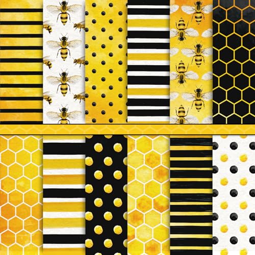 Whaline 12 Designs Bienen-Muster-Papier、 24 Blatt、 Aquarell、 Hummel、 Waben、 Scrapbook、 Papier、 doppelseitiges Bienen-Dekoration、 für DIY、 Kartenherstellung、 Scrapbook、 Dekoration、 30 x 30 cm von Whaline