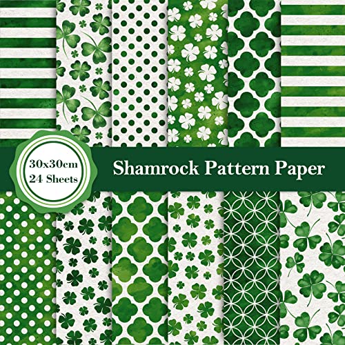 Whaline 12 Designs St. Patrick's Day Musterpapier Pack 24 Blatt Grün Kleeblatt Streifen Kleeblatt Punkt Scrapbook Papier Doppelseitiges dekoratives Bastelpapier flach gefaltet für Kartenherstellung von Whaline