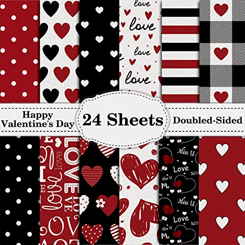 Whaline 12 Designs Valentine Pattern Paper Pack 24 Sheet Heart Love Scrapbook Specialty Paper Red Black Collection Double-Sided Decorative Craft Paper Folded Flat for Card Making Scrapbook von Whaline