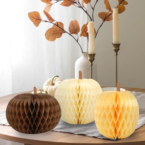 Whaline 12 Stück Herbst-Waben-Mittelstück, 3 Formen, Kürbis-Waben-Dekorationen, beige-braun, Herbst-Tischschmuck für Halloween, Erntedankfest, Partyzubehör von Whaline