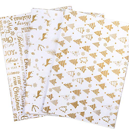 Whaline 120 Blatt Gold Geschenkpapier Set, Weihnachtsbaum, Rentier, Schneeflocke Design für Weihnachten Geschenkpapier DIY und Handwerk, 35,6 x 50,8 cm von Whaline