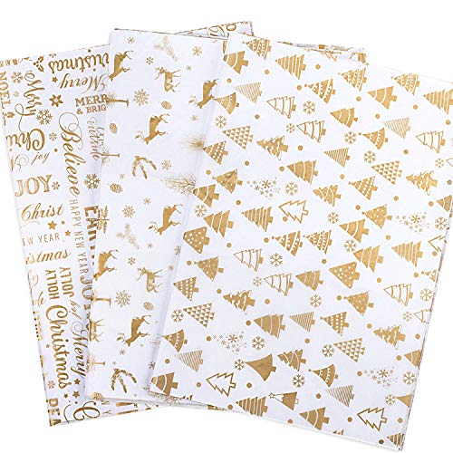 Whaline 120 Blatt Gold Geschenkpapier Set, Weihnachtsbaum, Rentier, Schneeflocke Design für Weihnachten Geschenkpapier DIY und Handwerk, 35,6 x 50,8 cm von Whaline