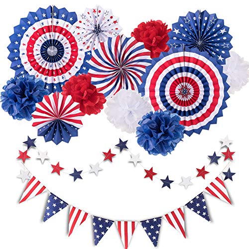 Whaline 14er Set - 4. Juli/patriotische Party Dekoration: 6 Papierfächer, 6 Papierblumenkugeln, Sternschlangen, Wimpelkette - Rot, Blau - Patriotisch Whaline 14er Set - 4. Juli/patriotische Party Dekoration: 6 Papierfächer, 6 Papierblumenkugeln, Sternschlangen, Wimpelkette - Rot, Blau - Patriotisch von Whaline