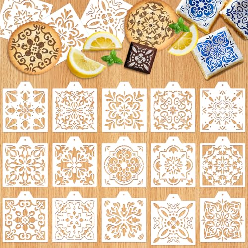 Whaline 15 Stück Blumen-Plätzchen-Schablonen, Chinoiserie-Fliesen, Airbrush-Malschablonen mit Perlenkette, dekorative Kekse, Kuchen, Backvorlagen für Bastelarbeiten, Geburtstag, Urlaub, Party von Whaline