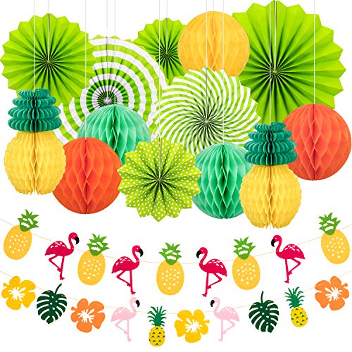 Whaline 15 Stück Sommer Party Deko Set Hängende Papierfächer Ananas und Flamingo Blume Girlande Banner für Hawaiian Luau Strand Geburtstag Hochzeit Foto Hintergrund von Whaline