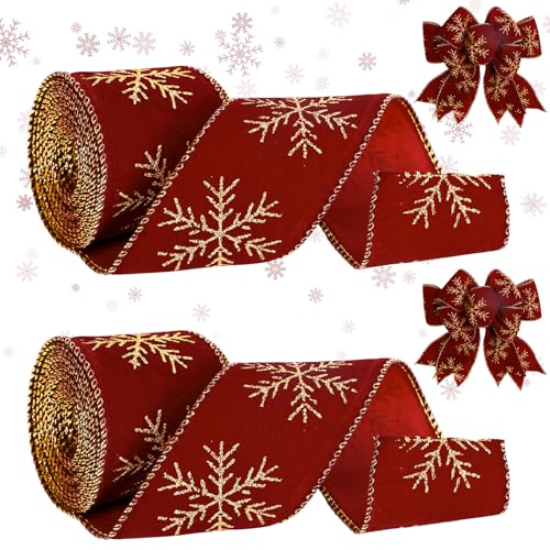 Whaline 2 Rollen Weihnachts-Samtband mit Draht, 6,3 cm, Winter-Schneeflocke, Samtband, Burgunderrot, Gold, Glitzer, Weihnachtsdekoration, Geschenkband für Geschenkverpackungen, Schleife, Kranz, Whaline 2 Rollen Weihnachts-Samtband mit Draht, 6,3 cm, Winter-Schneeflocke, Samtband, Burgunderrot, Gold, Glitzer, Weihnachtsdekoration, Geschenkband für Geschenkverpackungen, Schleife, Kranz, von Whaline