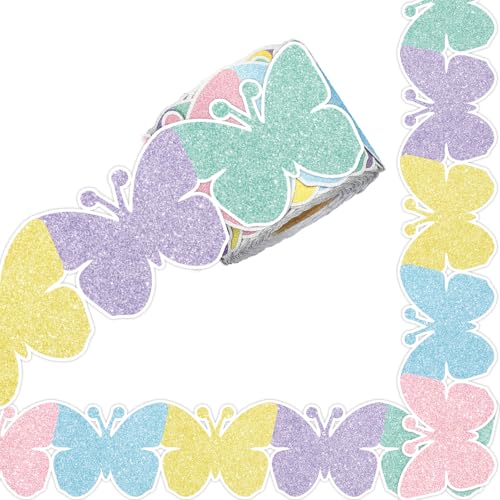 Whaline 20 m Schmetterling Pinnwand Bordüre Glitzer Pastell Schmetterling gestanzte Bordüre Trim für Boho Party Frühling Kreidetafel Wanddekoration von Whaline