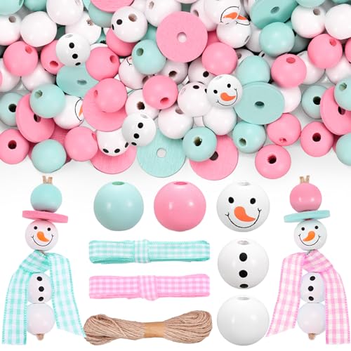 Whaline 213-teiliges Weihnachts-Holzperlen-Set, rosa-grün, rund, lose Perlen, Schneemann, Körperbastelperlen mit Bindfaden, Schal, Band für Weihnachten, Bauernhaus, Ornamente, DIY, Winterdekoration von Whaline