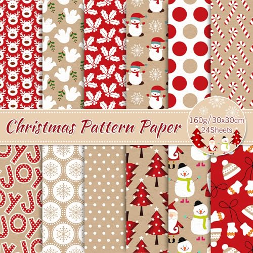 Whaline 24 Stück Weihnachtsmusterpapier, 30 x 30 cm, Kraftpapier, Rot, Scrapbook-Papier, doppelseitig, niedlich, Weihnachtsmann, Rentier, Schneemann, Bastelpapier, flach gefaltet, für selbstgemachte Whaline 24 Stück Weihnachtsmusterpapier, 30 x 30 cm, Kraftpapier, Rot, Scrapbook-Papier, doppelseitig, niedlich, Weihnachtsmann, Rentier, Schneemann, Bastelpapier, flach gefaltet, für selbstgemachte von Whaline