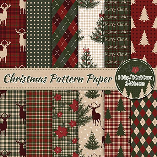 Whaline 24 Stück Weihnachtsmusterpapier, 30x30 cm, Woodland Merry Christmas, Scrapbook-Papier, doppelseitig, kariert, Weihnachts-Bastelpapier, flach gefaltet, Dekoration, 12 Designs von Whaline