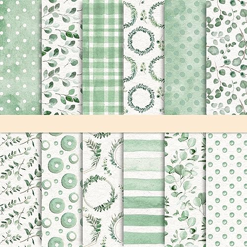 Whaline 24 Stück grünes Eukalyptus-Blätter-Muster, grünes doppelseitiges Scrapbook-Papier für Neugeborene, Geschlecht, offenbarung, Babyparty, Brautparty, Kartenherstellung, Dekoration, 30x30 cm von Whaline