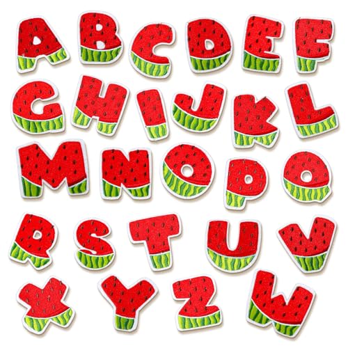 Whaline 26 Stück Wassermelonen-Aufnäher zum Aufbügeln, niedliches Alphabet von A bis Z, Wärmeübertragung, Bügelbilder, bestickte Stoffflicken zum Aufbügeln für Sommerkleidung, Stoff, Basteln, 26 Stück von Whaline