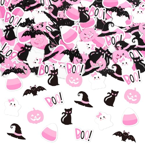 Whaline 315 Stück Halloween-Konfetti, schwarz-rosa, Boo Fledermaus, Geist, Kürbis, Katze, Papier-Konfetti, Tischdekoration, Tischdekoration für Geburtstag, Babyparty, Partyzubehör, 7 Stile von Whaline