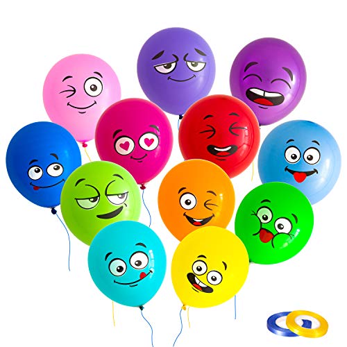 Whaline 48 Stück Latex Emoji Ballons lustige Smiley Gesicht Ballons Party Luftballons mit 2 Bändern für Kinder Mädchen Jungen Geburtstag Babyparty Hochzeit Zubehör (12 Farben) von Whaline