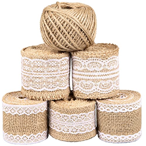 Whaline 5 Rolle Natürliche Juteband Spitzenband und 40M Juteschnur Juteband Vintage Hessische Natürliche Sackleinen Band mit Spitze Jute Dekoband für DIY Handwerk Hochzeit Geburtstag Dekoration von Whaline