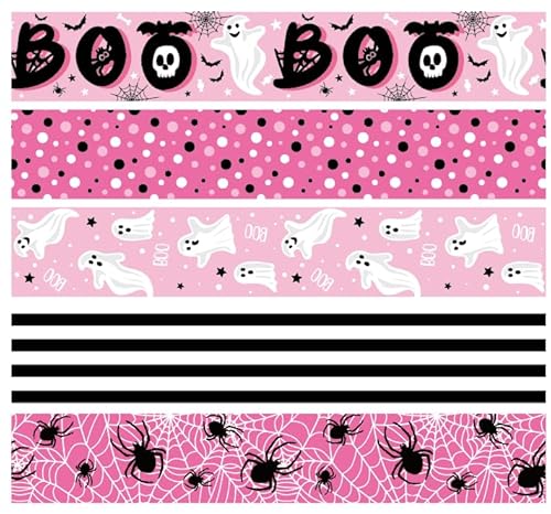 Whaline 5 Rollen Halloween-Bänder mit Drahtrand, Boo Ghost Spinnennetz, Punkte, Streifen, Bastelband, rosa und schwarz, Stoffband für Schleife, Kranz, Party, Heimdekoration, 6,3 cm, 27,7 m von Whaline