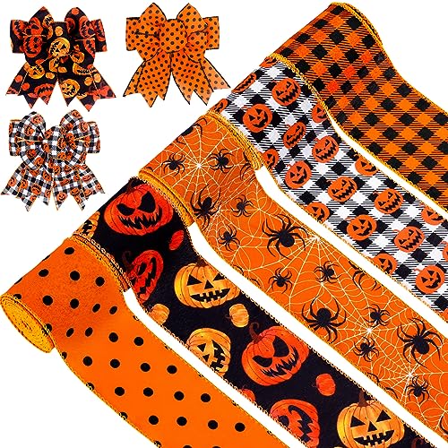 Whaline 5 Rollen Halloween Drahtband Orange Schwarz Kürbis Gesicht Spinne Geschenkverpackungsband Punkte Büffel Plaid Dekoband zum Basteln Schleife Kranz Geschenkverpackung Halloween Party Dekor, 27,7 von Whaline