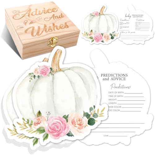Whaline 50 Stück Herbst-Babyparty-Beratung und Wünsche, doppelseitige Blumenkürbis-Baby-Vorhersagen und Ratschläge, Karten mit hölzerner Erinnerungsbox für Herbst, Erntedankfest von Whaline