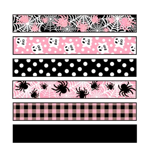 Whaline 6 Rollen Halloween-Band mit Drahtrand, Geisterboo Spinnennetzband, rosa und schwarz, Stoffbänder für Kranz, Schleifen, Basteln, Verpacken, 27,7 m von Whaline