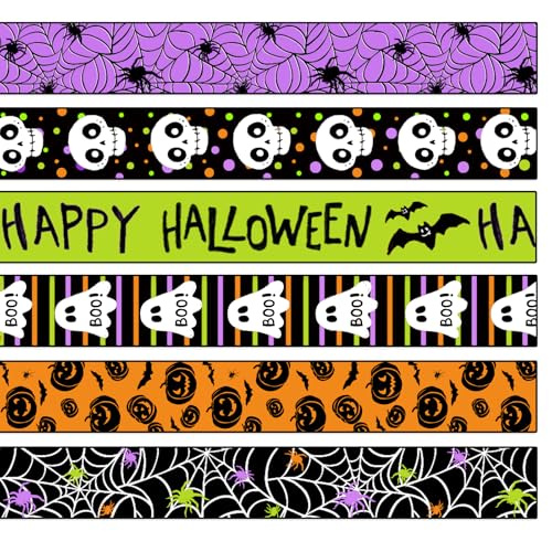 Whaline 6 Rollen Happy Halloween Schleifenband mit Drahtrand, Geist, Boo, Kürbis, Totenkopf, Spinne, farbige Stoffbänder für Kranz, Schleifen, Basteln, Verpacken, 27,7 m von Whaline