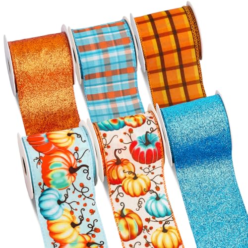 Whaline 6 Rollen Herbstbänder mit Drahtrand, Blau / Orange, Kürbis, kariert, Bastelband, Herbst, Erntedankfest, Glitzerstoff, Wickelband für Schleife, Kranz, Party, Heimdekoration, 6,3 cm, 30 Meter von Whaline