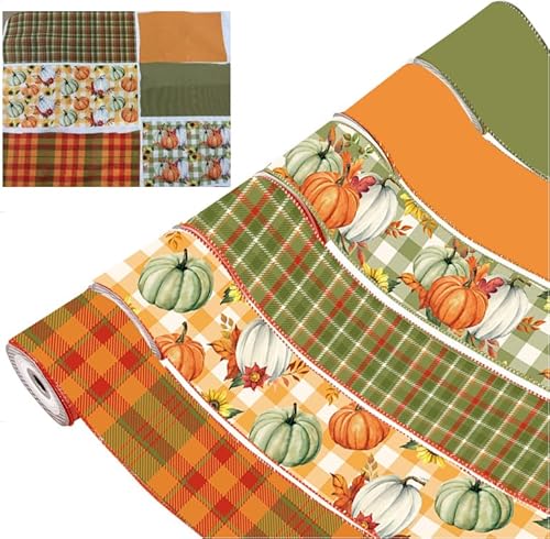 Whaline 6 Rollen Herbstbänder mit Drahtrand, orange-grün, Kürbis, kariert, Bastelband, dekoratives Stoffband für Herbst, Erntedankfest, Basteln, 6,3 cm x 2,4 m Whaline 6 Rollen Herbstbänder mit Drahtrand, orange-grün, Kürbis, kariert, Bastelband, dekoratives Stoffband für Herbst, Erntedankfest, Basteln, 6,3 cm x 2,4 m von Whaline