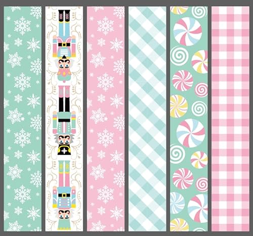 Whaline 6 Rollen Weihnachtsbänder mit Drahtrand, 6,3 cm, 27,7 m, Nussknacker, kariert, Weihnachten, Süßigkeiten, Schneeflocke, Bastelband, rosa und grün, Stoffband für Schleife, Kranz, Urlaub, Party von Whaline