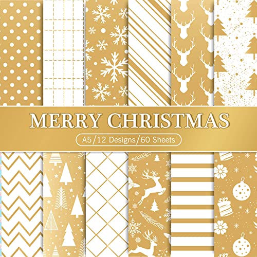 Whaline 60 Blatt Weihnachtsmusterpapier A5 Größe Weiß Gold Schneeflocke Rentier Weihnachtsbaum Glänzend Scrapbook Papier Doppelseitiges Xmas Bastelpapier Flach gefaltet für DIY Kartenherstellung von Whaline