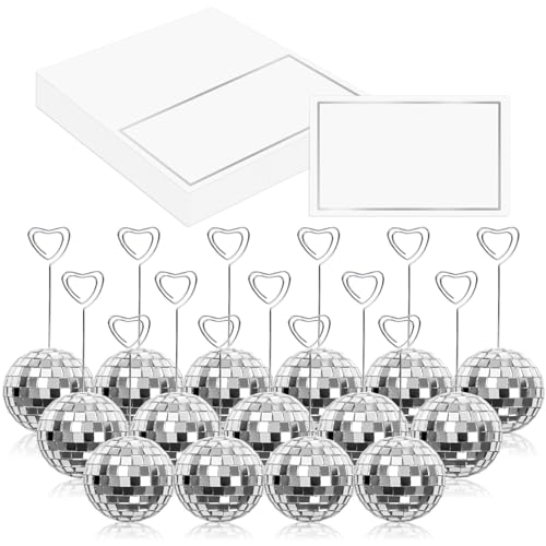 Whaline 60 Stück 5,1 cm Discokugel Tischnummernhalter Tischkarten-Set Silber Zeltkarten Namenskarten Ständer mit Herz Wirbel Draht für Hochzeit Party Tisch Schild Display Supplies von Whaline