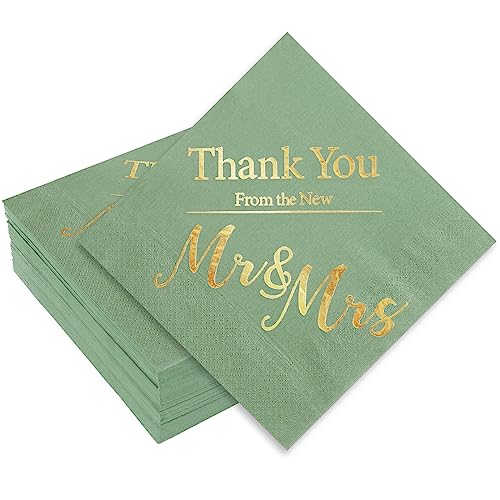 Whaline 80 Stück Hochzeitsservietten, salbeigrün, Mr and Mrs, Papierservietten, Dankeschön, Einwegservietten, Goldfolie, dekorative Abendessen-Serviette für Hochzeit, Brautparty, Dekoration, 16.5 cm von Whaline