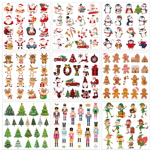 Whaline 9 Blatt Weihnachten Bügelbilder Weihnachtsbaum Weihnachtsmann Schneemann Rentier Nussknacker Wärmetransfer Vinyl Aufkleber Aufkleber für DIY Handwerk Kleidung Stoff von Whaline