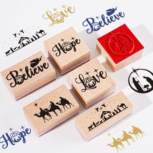 Whaline 9 Stück Weihnachtsstempel aus Holz mit Stempelkissen, christliche Jesus-Krippe, Bastelstempel für Weihnachten, Urlaub, Party, Dekoration, Scrapbooking, Kartenherstellung von Whaline