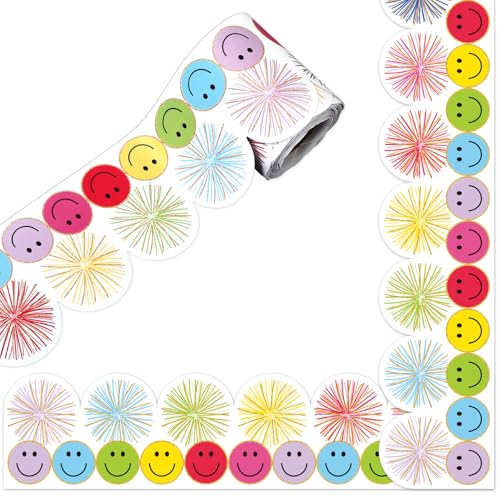 Whaline Bunte Pinnwand mit fröhlichem Gesicht, 10 m, Smiley-Gesicht, Feuerwerk, gestanzt, gerollter Rand, für Klassenzimmer, Büro, Kreidetafel-Dekoration von Whaline
