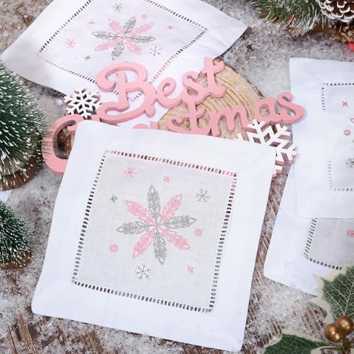 Whaline Cocktail-Servietten mit Schneeflocken-Motiv, bestickt, waschbar, wiederverwendbar, für den Winter, Baumwolle, für Urlaub, Party, Esstisch, Dekoration, 15,2 x 15,2 cm, 6 Stück von Whaline