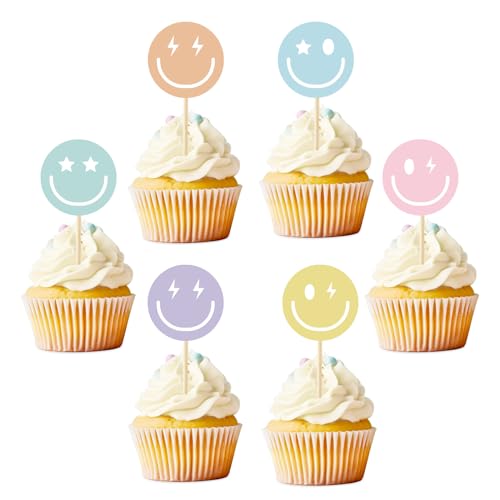 Whaline Cupcake-Topper mit lächelndem Gesicht, 6 Designs, Papier-Kuchendekoration, niedliche Cupcake-Picks für Y2K Junggesellinnenabschiede, Geburtstagsparty-Zubehör, Foto-Requisiten, 72 Stück von Whaline