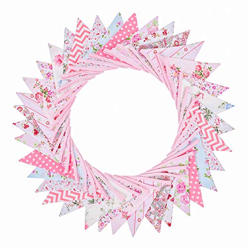 Whaline Große Stoff-Wimpelkette mit 36 doppelseitigen Flaggen, Girlande, 10 m, Vintage-Blumen-Wimpel für Hochzeit, Geburtstag, Party, Babyparty, Heimdekoration (Pink) von Whaline