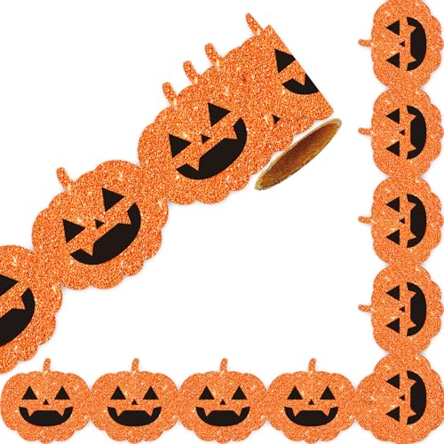Whaline Halloween-Pinnwand-Bordüre, Glitzer, orangefarbener Kürbis, gestanzt, Bordüre, Rolle für gruselige Kreidetafel, Wanddekoration, 1,8 m von Whaline