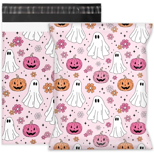 Whaline Halloween-Versandtaschen, Kunststoff, 25,4 x 33 cm, Rosa, Orange, Kürbis, Geister-Versandtaschen, selbstverschließend, für kleine Unternehmen, 100 Stück von Whaline