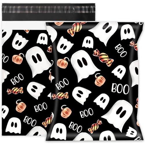 Whaline Halloween-Versandtaschen aus Kunststoff, 25,4 x 33 cm, schwarz, Geisterkürbis, Süßigkeiten, selbstverschließend, für kleine Unternehmen, 100 Stück von Whaline