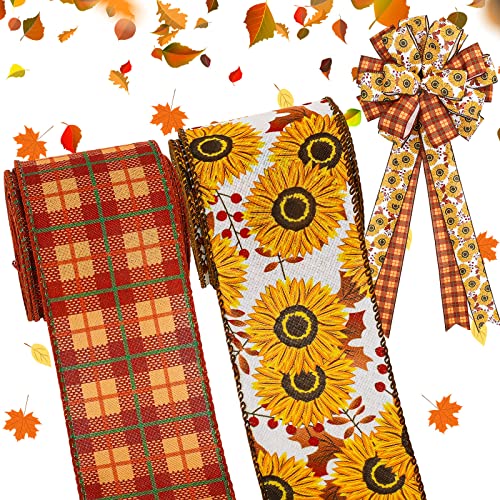 Whaline Herbst Thanksgiving Sonnenblume Drahtkante Band Vintage Herbst Stoffband 20 Yards Orange Plaids Floral Craft Ribbon Rustic Farmhouse Flower Wrapping Ribbon for Wreath Bows Craft Decor, 2 Roll von Whaline